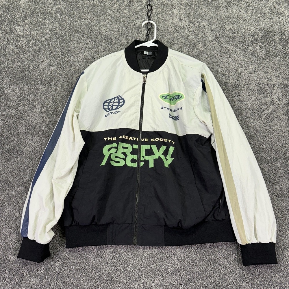 LIRA Jacket Mens Medium Black White Nylon Bomber Full Zip CRTV SCTY Graphic